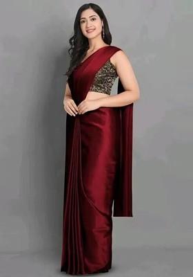 Maroon Embroidered Satin Saree Set