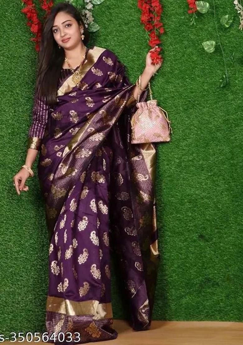 Purple woven Kanjeevaram Saree Set