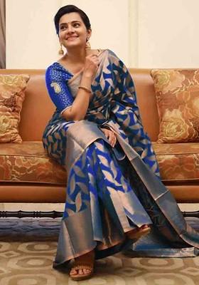 Blue woven Silk Saree Set