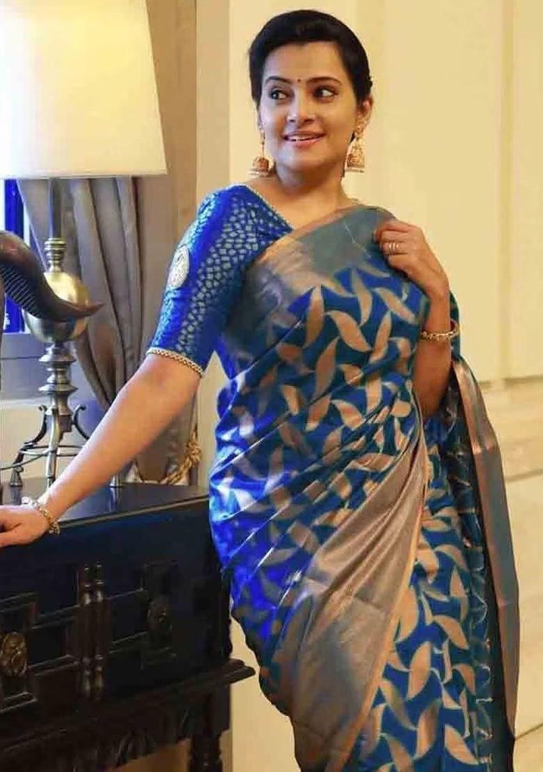 Blue woven Silk Saree Set