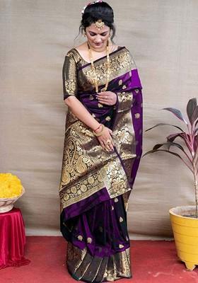 Purple woven Kanjeevaram Saree Set