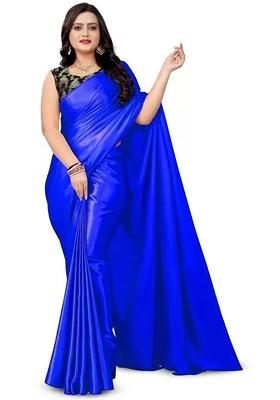 Blue Embroidered Satin Saree Set