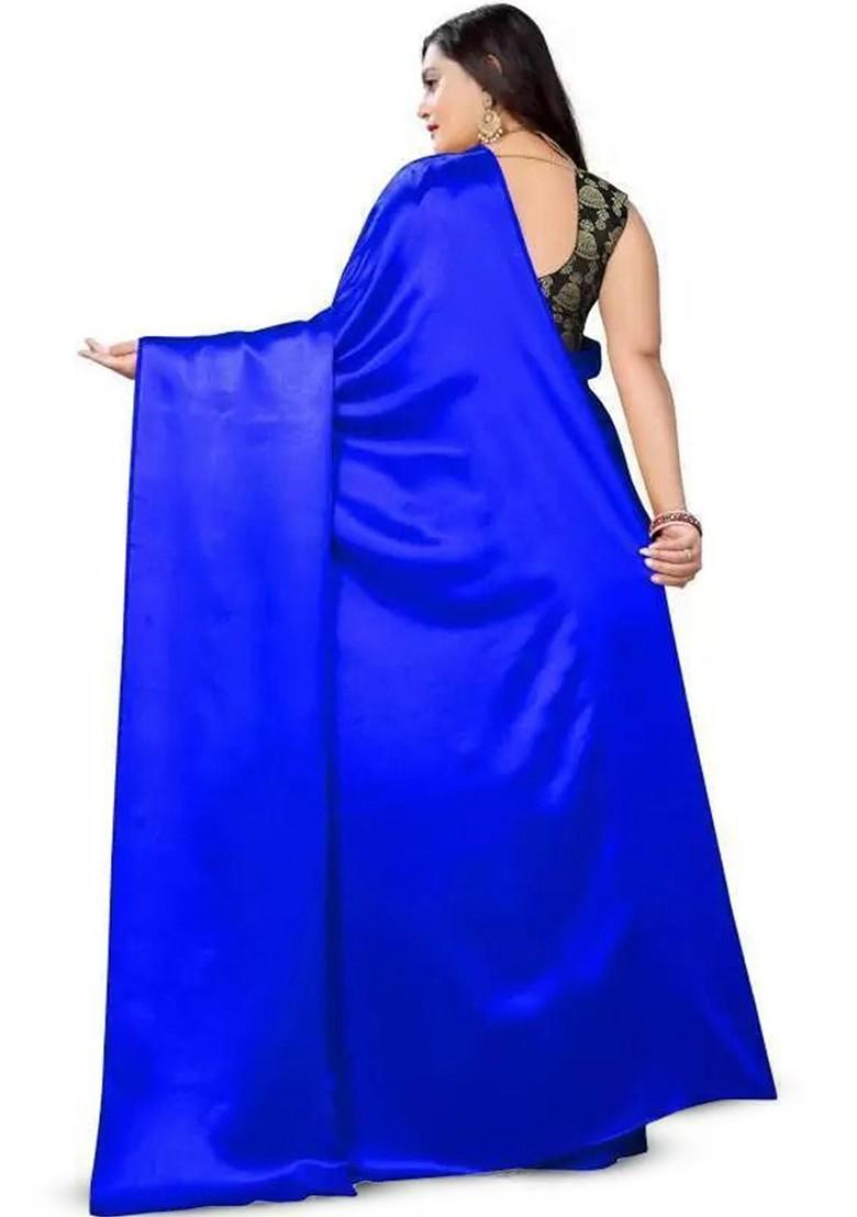 Blue Embroidered Satin Saree Set