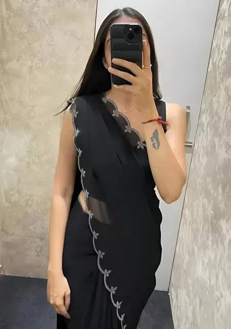 Black Embellished Georgette Saree Set