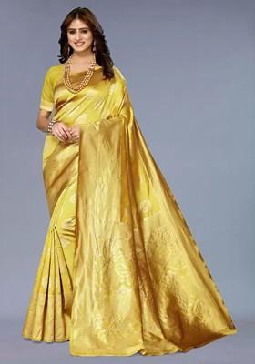 Yellow woven Kanjeevaram Saree Set
