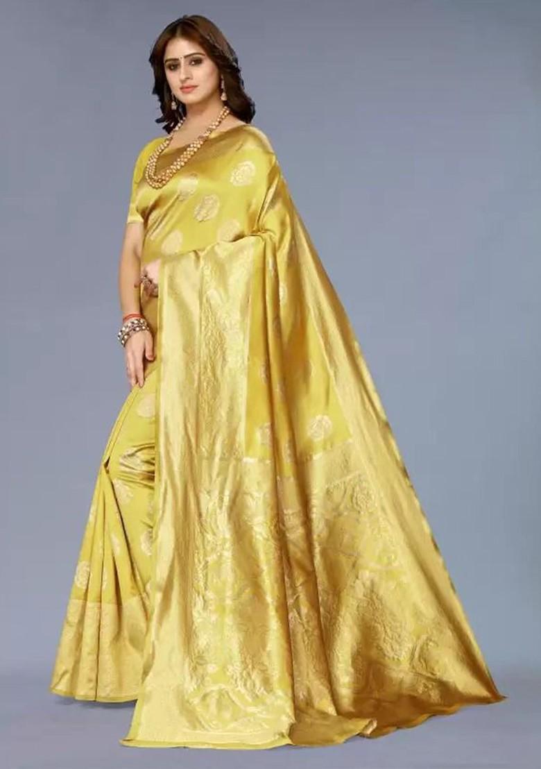 Yellow woven Kanjeevaram Saree Set