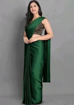 Green Embroidered Satin Saree Set