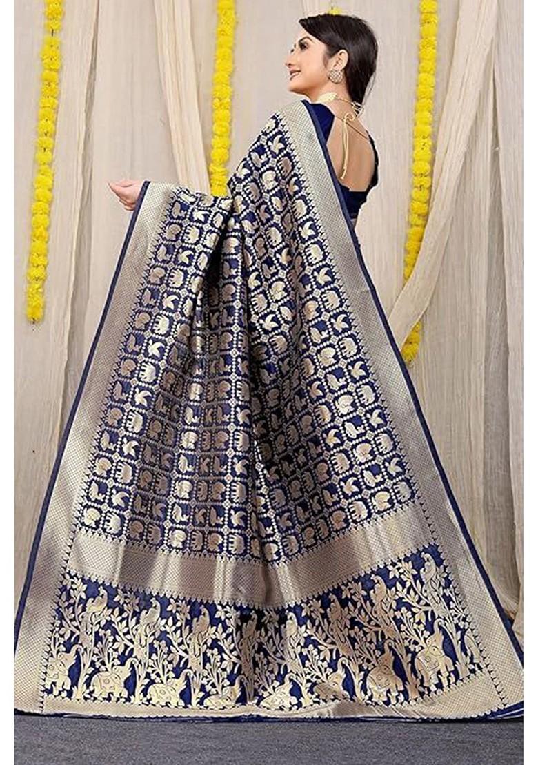 Navy Blue woven Kanjeevaram Saree Set