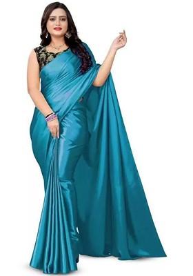 Teal Green Embroidered Satin Saree Set