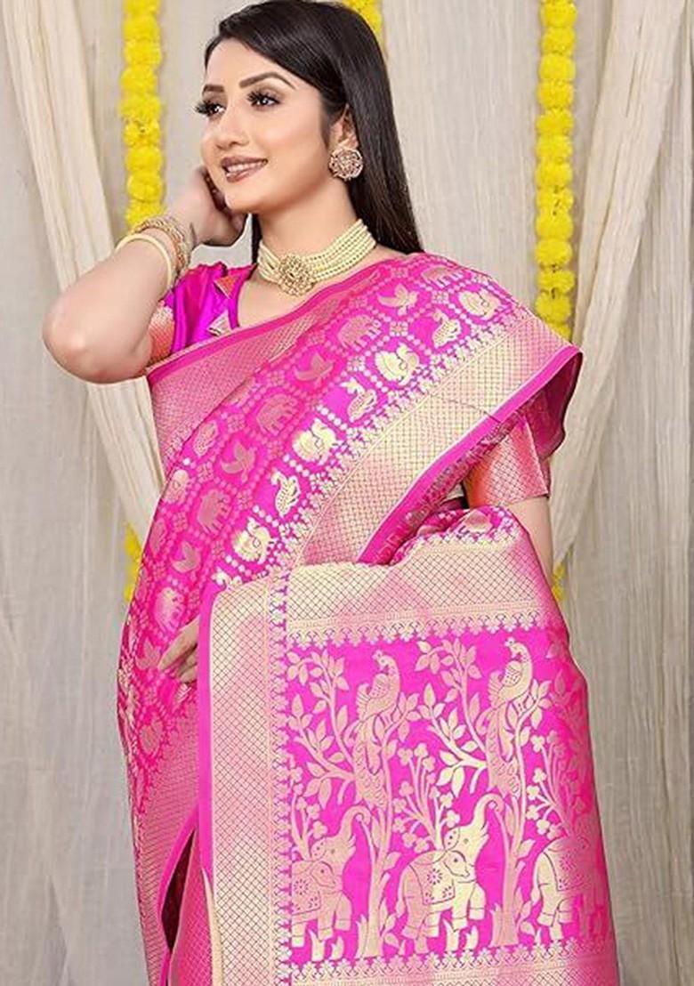Pink woven Kanjeevaram Saree Set