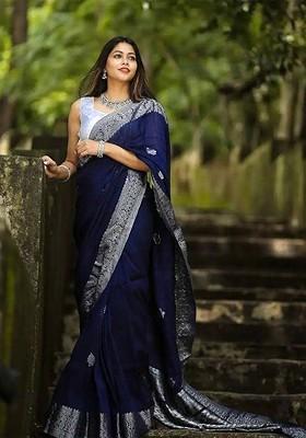 Navy Blue woven Kanjeevaram Saree Set