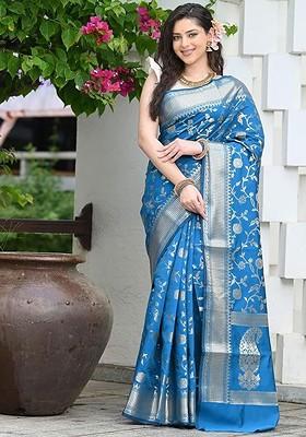 Blue woven Kanjeevaram Saree Set