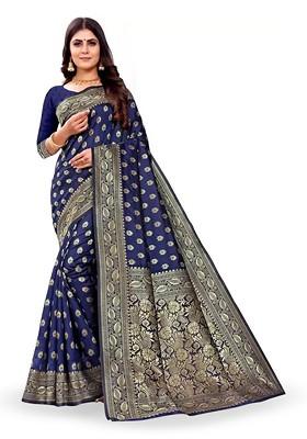 Navy Blue woven Kanjeevaram Saree Set