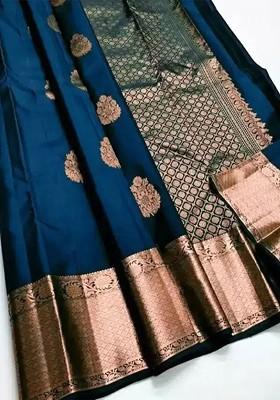 Turquoise Blue woven Kanjeevaram Saree Set