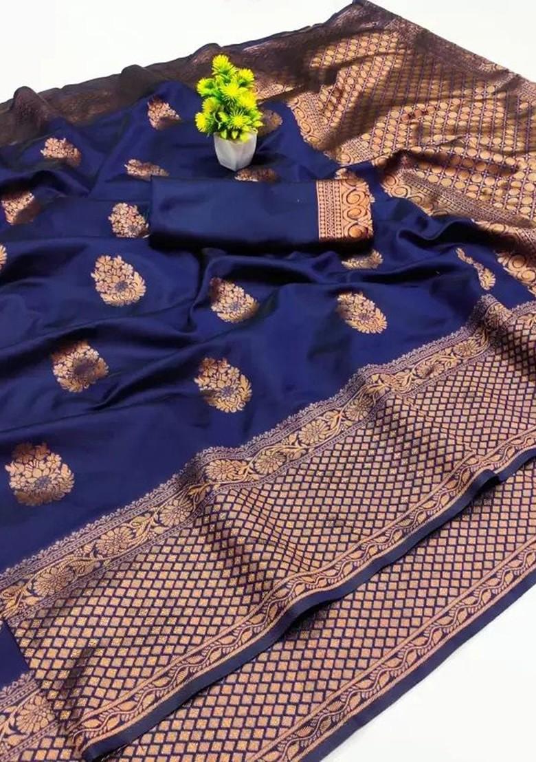 Navy Blue woven Kanjeevaram Saree Set