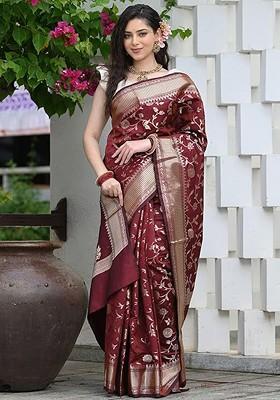 Maroon woven Kanjeevaram Saree Set