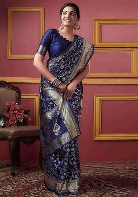 Navy Blue woven Kanjeevaram Saree Set