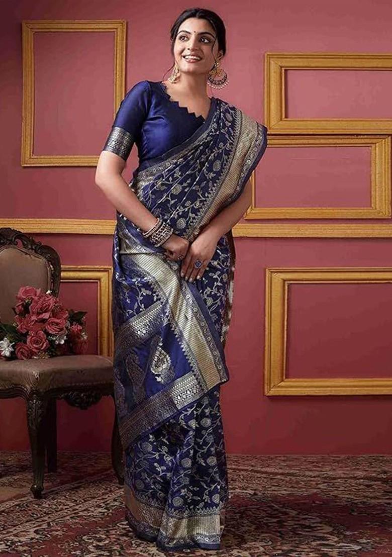 Navy Blue woven Kanjeevaram Saree Set