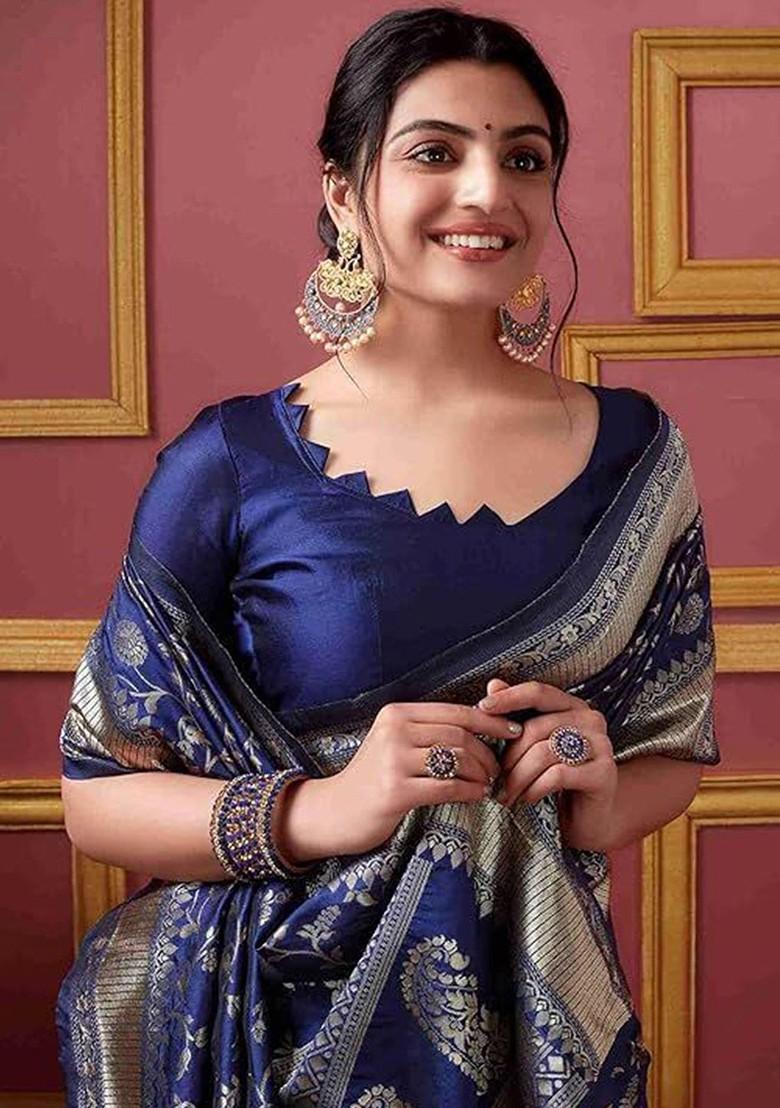 Navy Blue woven Kanjeevaram Saree Set