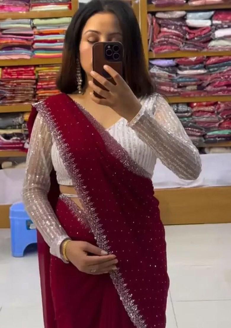 Red Embellished Georgette Saree Set