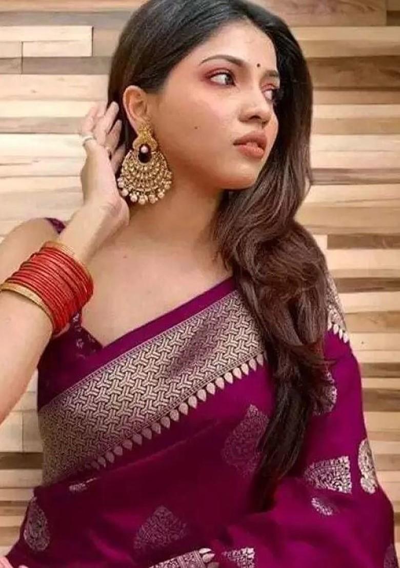 Burgundy woven Kanjeevaram Saree Set