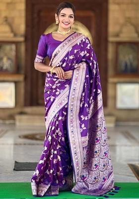 Purple woven Kanjeevaram Saree Set