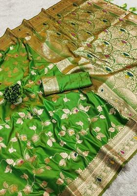 Olive Green Floral Kanjeevaram Saree Set