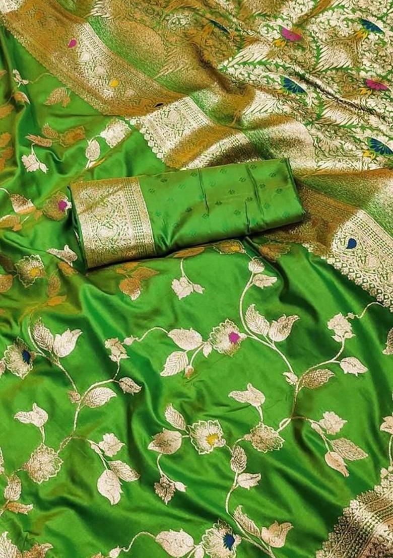 Olive Green Floral Kanjeevaram Saree Set