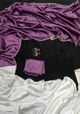 Purple Stone Embroidered Satin Saree Set