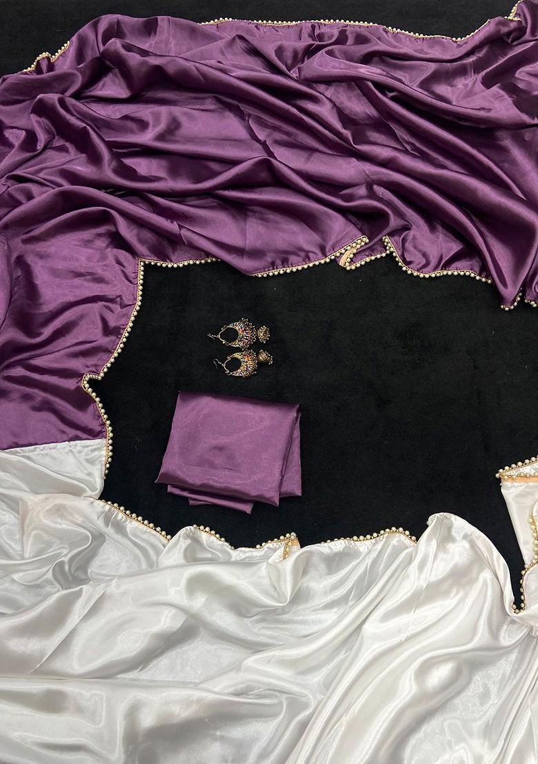 Purple Stone Embroidered Satin Saree Set