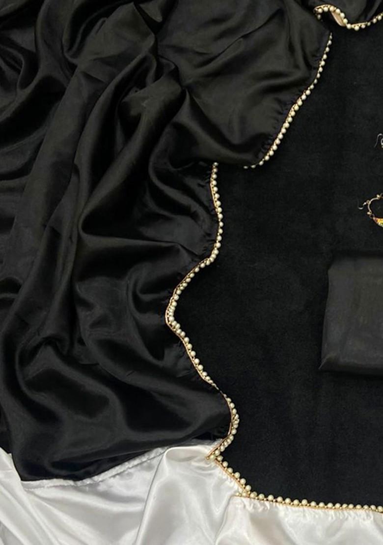 Black Stone Embroidered Satin Saree Set