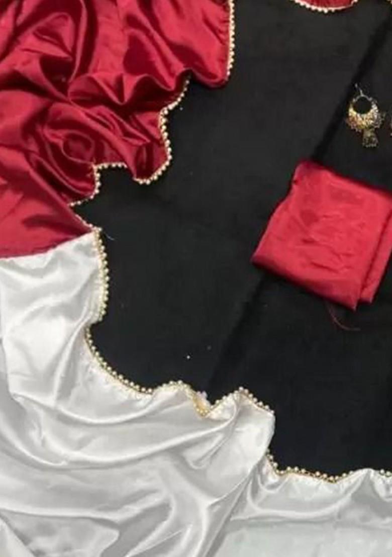 Maroon Stone Embroidered Satin Saree Set