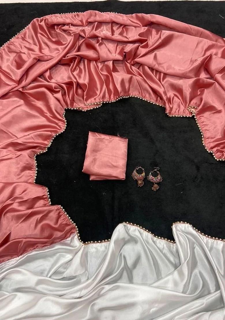 Peach Stone Embroidered Satin Saree Set