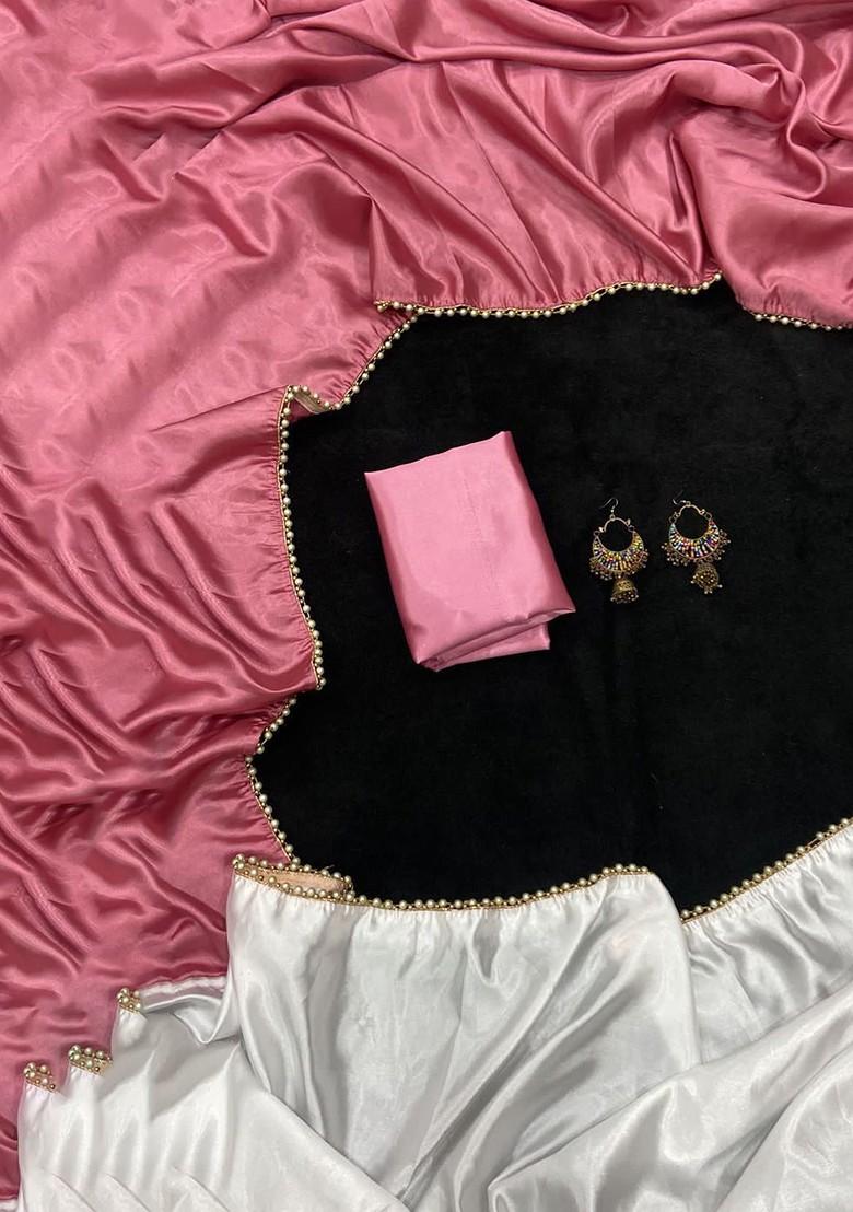 Rose Pink Stone Embroidered Satin Saree Set