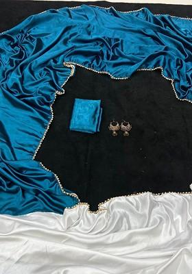 Turquoise Blue Stone Embroidered Satin Saree Set