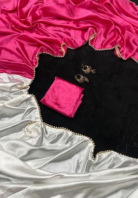 Pink Stone Embroidered Satin Saree Set