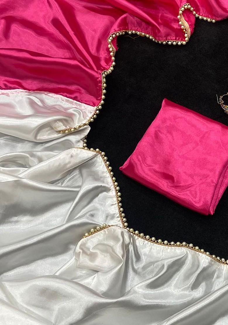Pink Stone Embroidered Satin Saree Set