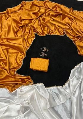 Mustard Yellow Stone Embroidered Satin Saree Set