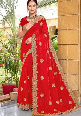 Red Sequin Work Silk Saree Set