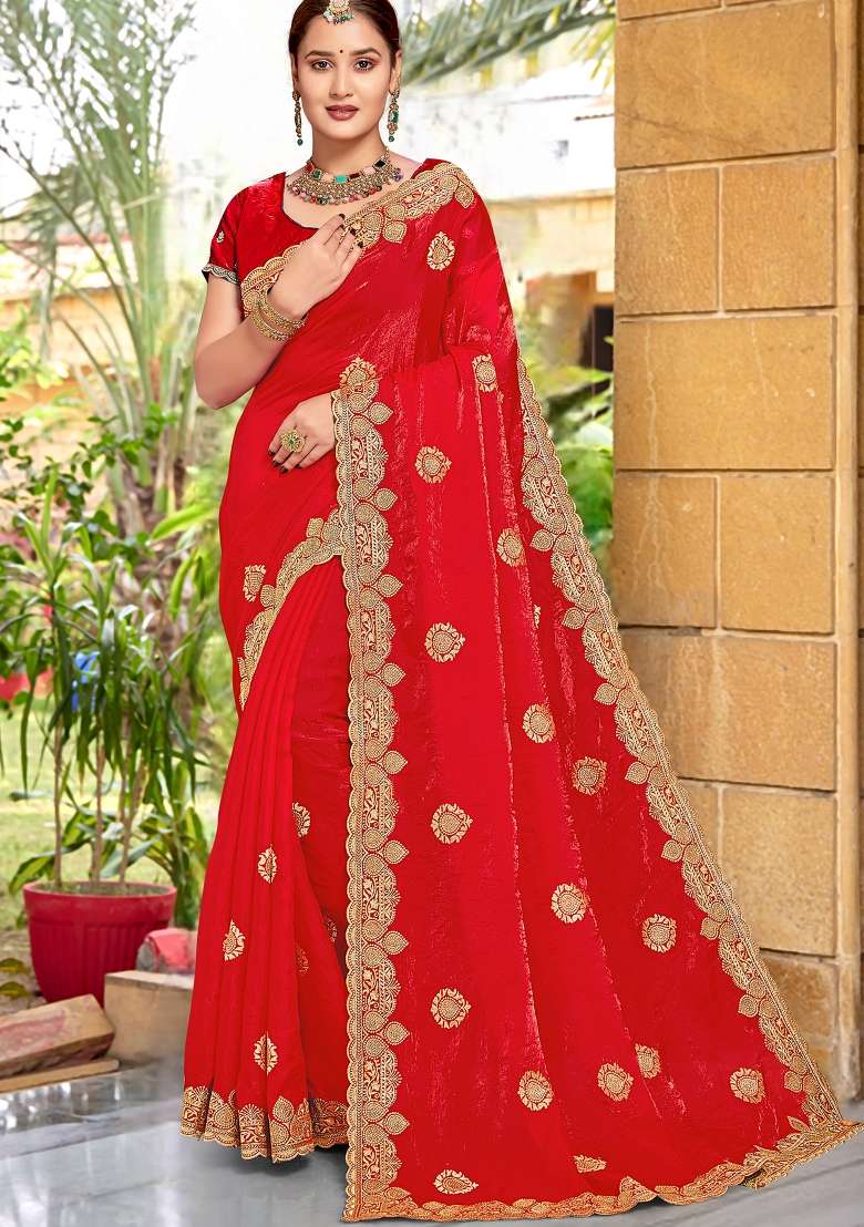 Red Sequin Work Silk Blend Saree Set for Diwali and Festive Wear - Indya