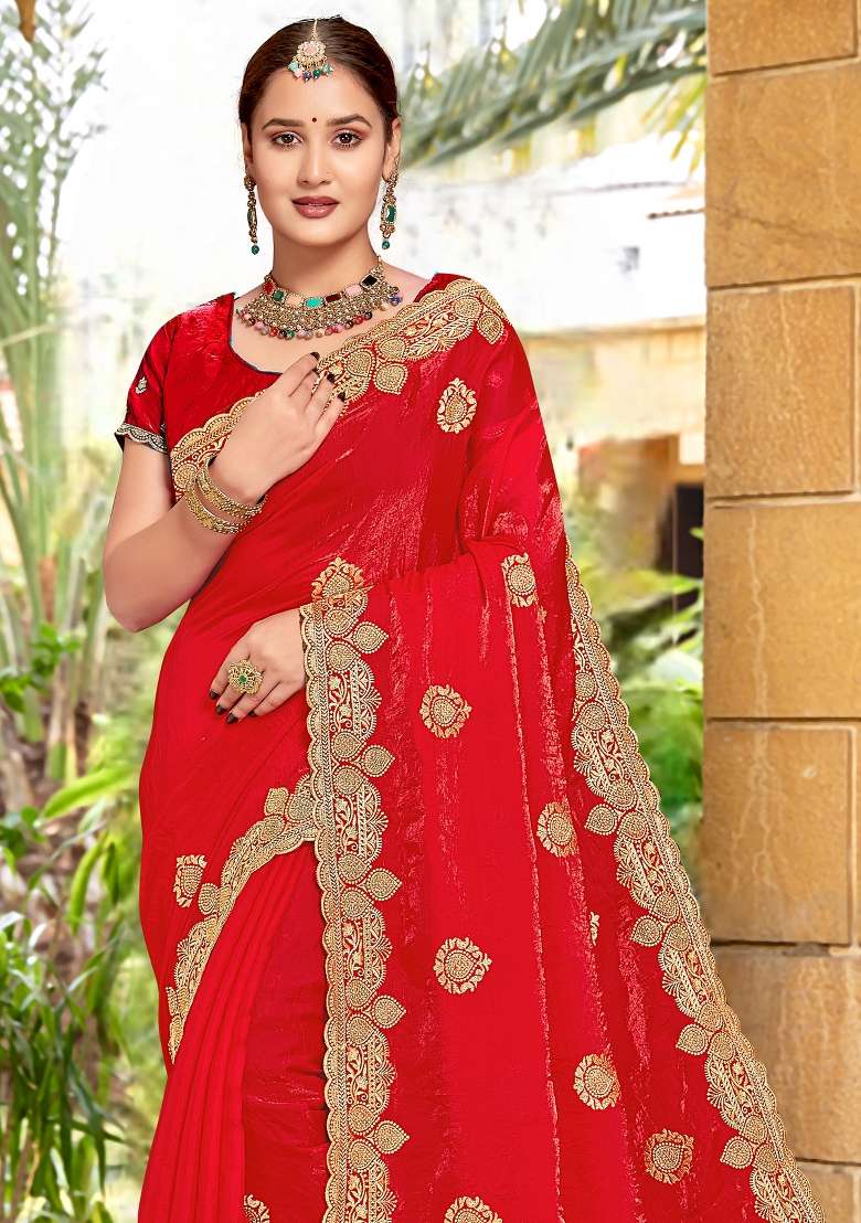 Red Sequin Work Silk Blend Saree Set for Diwali and Festive Wear - Indya