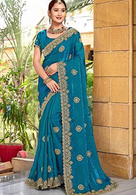 Teal Blue Sequin Work Silk Saree Set