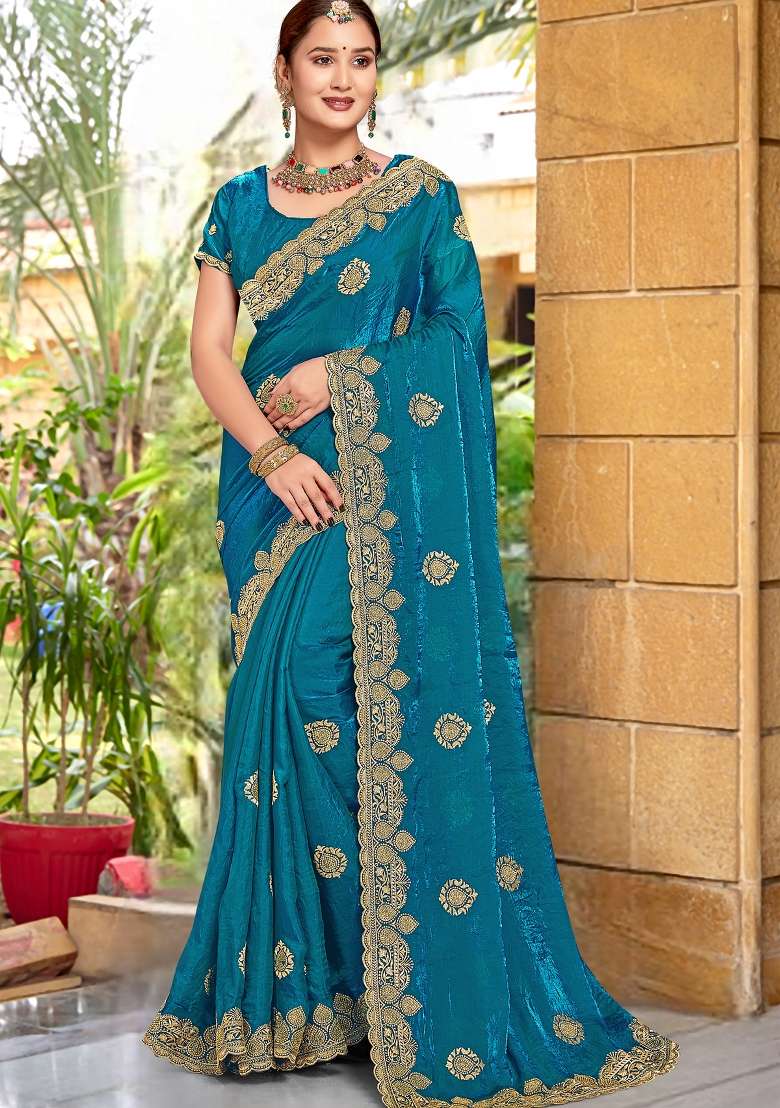 Teal Blue Sequin Work Silk Blend Saree Set for Diwali and Festive Wear - Indya