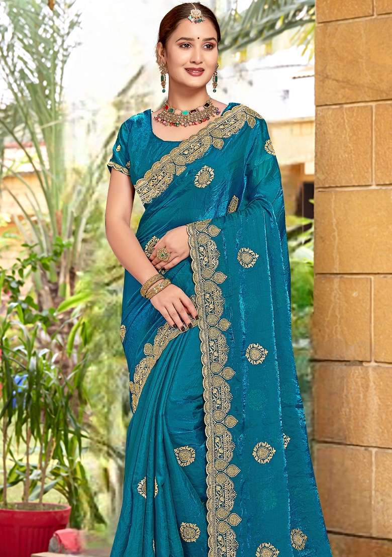 Teal Blue Sequin Work Silk Blend Saree Set for Diwali and Festive Wear - Indya