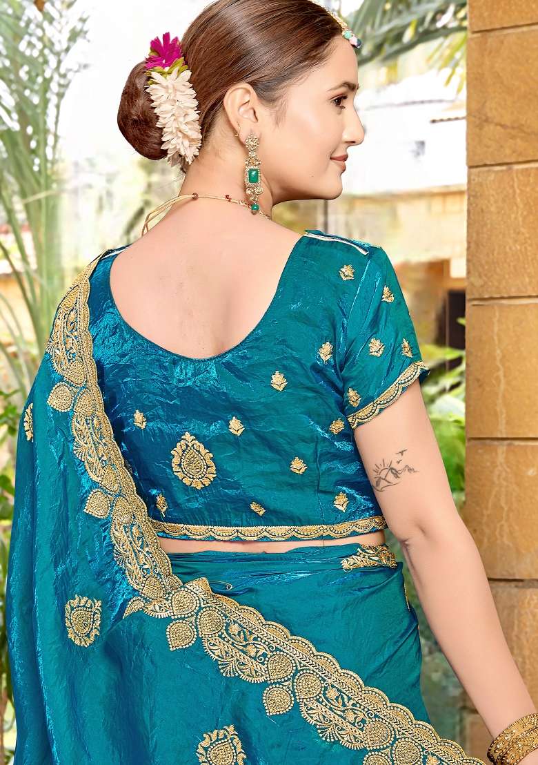 Teal Blue Sequin Work Silk Blend Saree Set for Diwali and Festive Wear - Indya