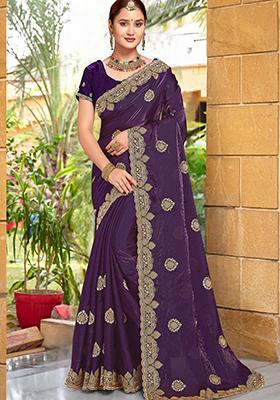Purple Sequin Work Silk Saree Set