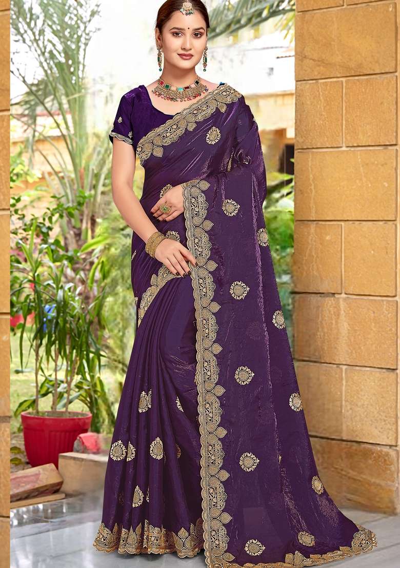 Purple Sequin Work Silk Blend Saree Set for Diwali and Festive Wear - Indya