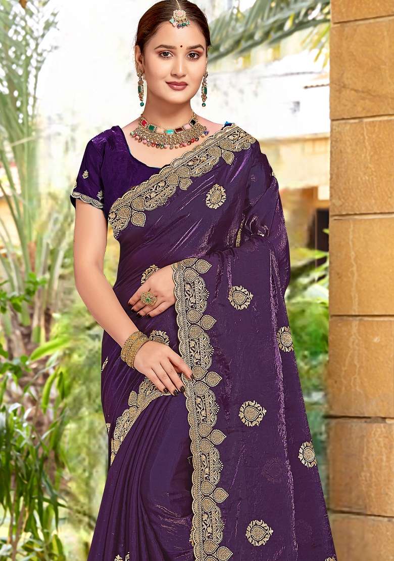 Purple Sequin Work Silk Blend Saree Set for Diwali and Festive Wear - Indya