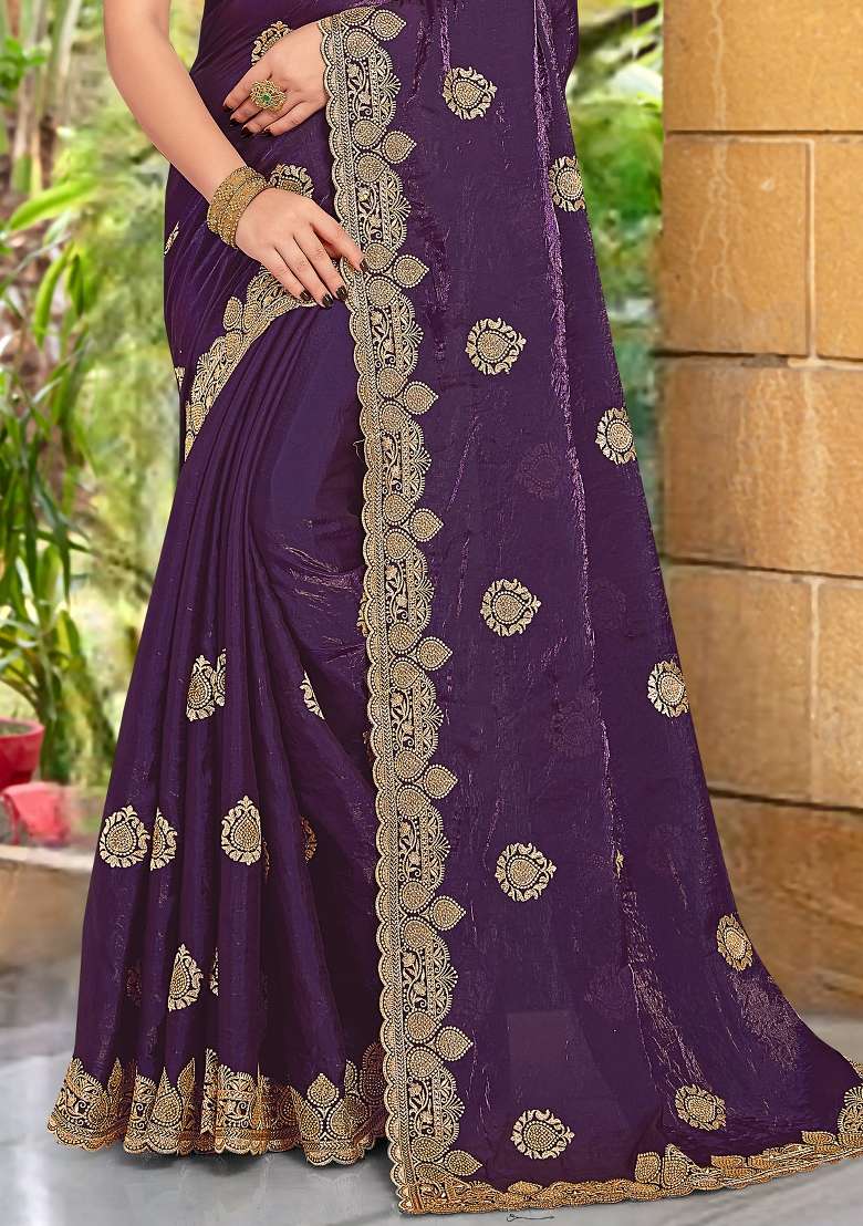 Purple Sequin Work Silk Blend Saree Set for Diwali and Festive Wear - Indya