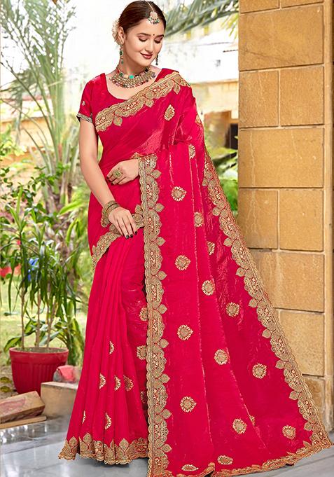 Magenta Sequin Work Silk Saree Set